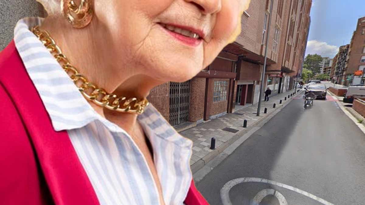 Mujer mayor con collar de oro en la calle Aranaz y Vides de Tudela. Foto-composición